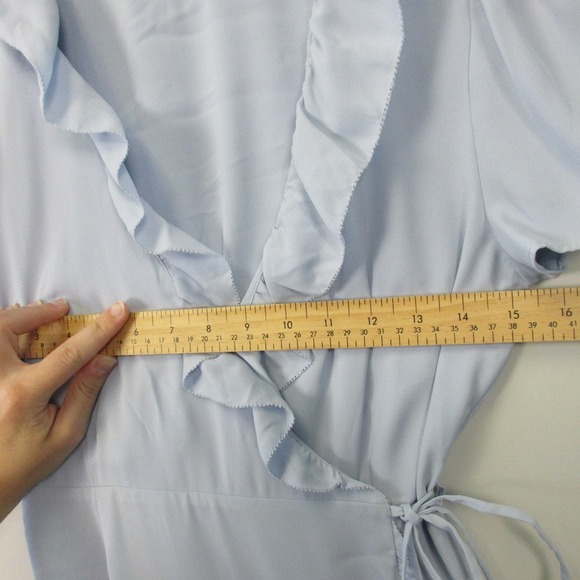 Aritzia Sunday Best Wrap Mini Dress 0 Blue Ruffle Trim Short Sleeve Sundress 320 - Picture 7 of 10